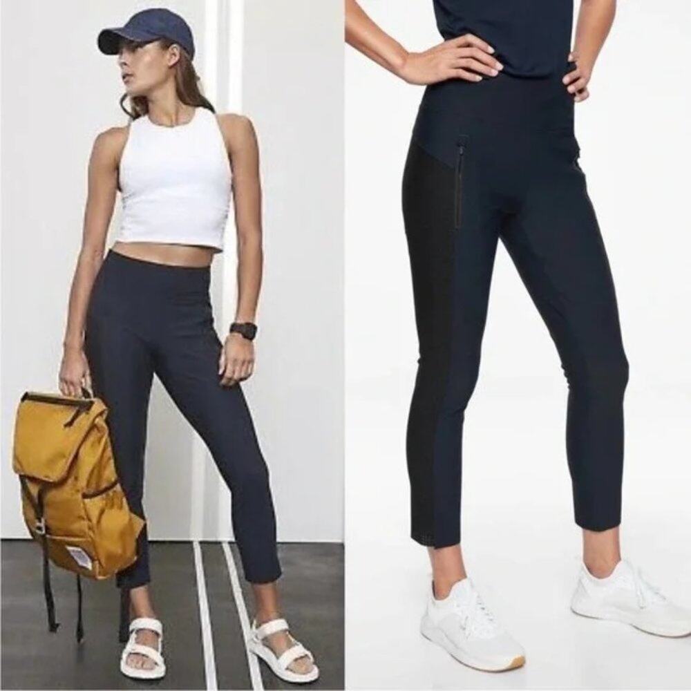 Athleta Stellar Crop Perforated Trousers SIZE S Navy Black Workout Pants